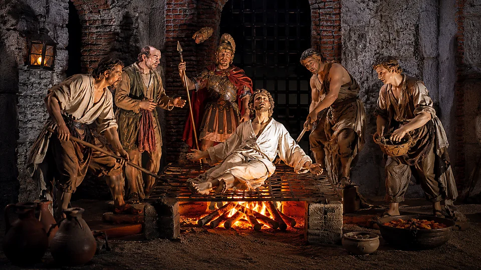Diorama agiografico del martirio di San Lorenzo sulla graticola, realizzato con tecnica presepiale